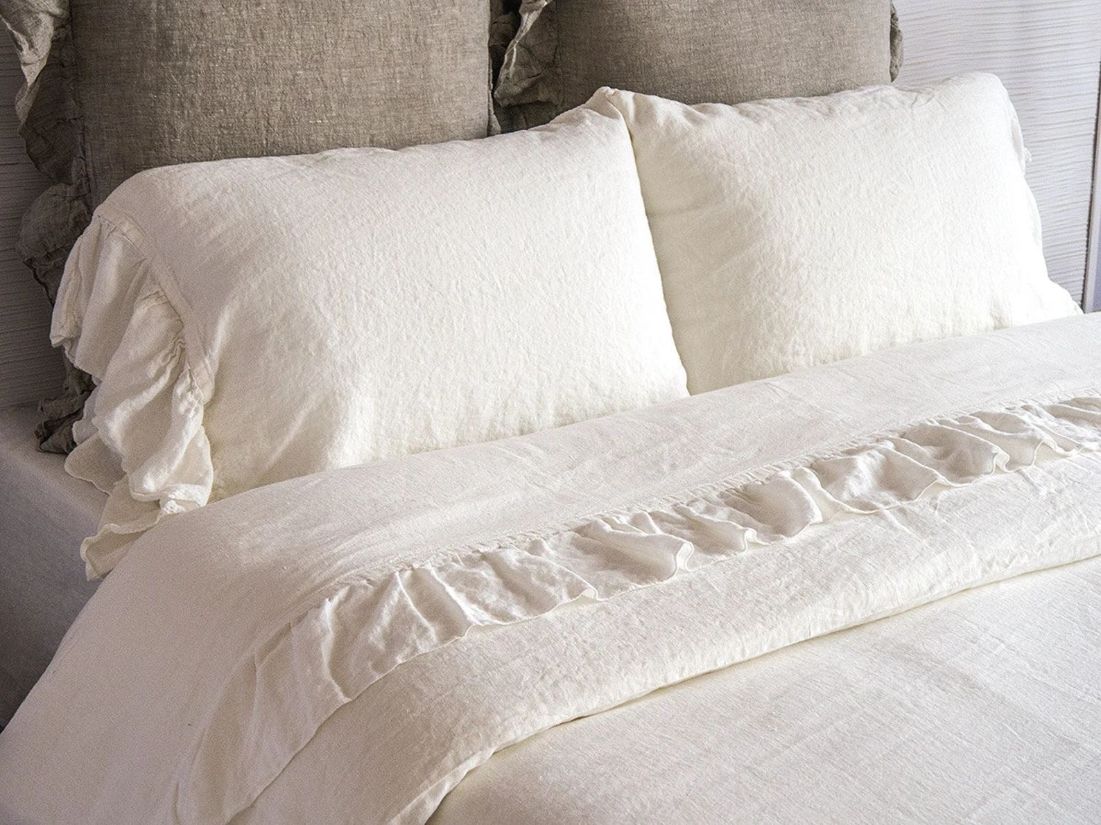 Linen Sheets Set 4pcs Luxury French Vintage Ruffled 100% Flax Stone Washed Super Soft Natural Organic King Queen Full